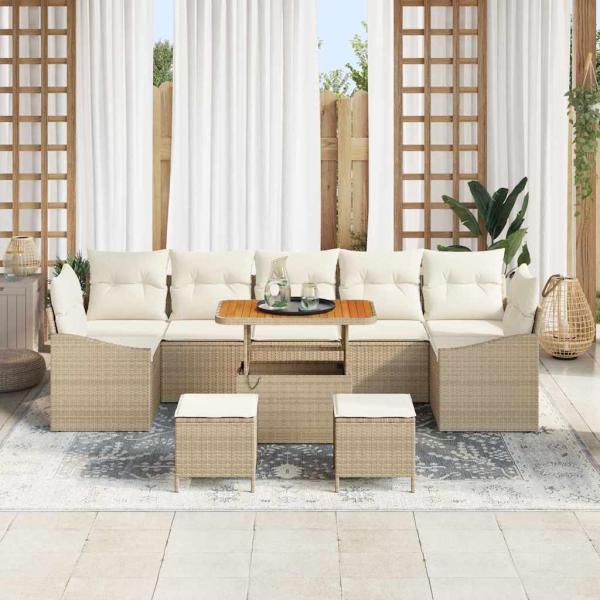 10-teiliges Garten Sofa Set mit Kissen Beige Poly Rattan Akazie, 2-Sitzer Garten Sofa mit Stauraum & Kissen Beige Poly Rattan, 3-teiliges Garten Essset mit Kissen Beige Poly Rattan Akazie