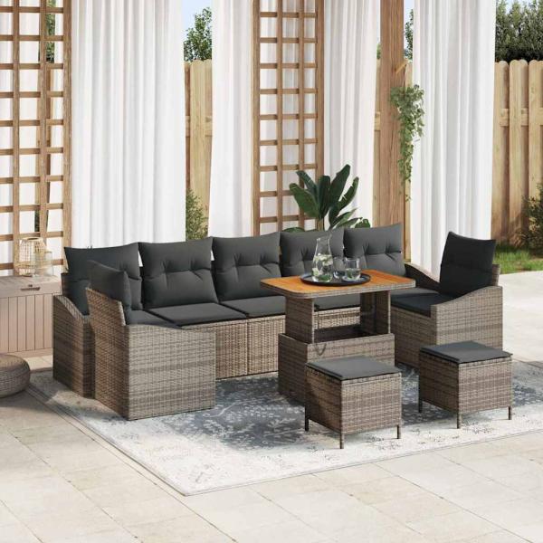 ARDEBO.de - 10-teiliges Garten Sofa Set mit Kissen Grau Poly Rattan Akazie, 2-Sitzer Garten Sofa mit Stauraum & Kissen Grau Poly Rattan, 3-teiliges Garten Esstischset mit Kissen Grau Poly Rattan Akazie