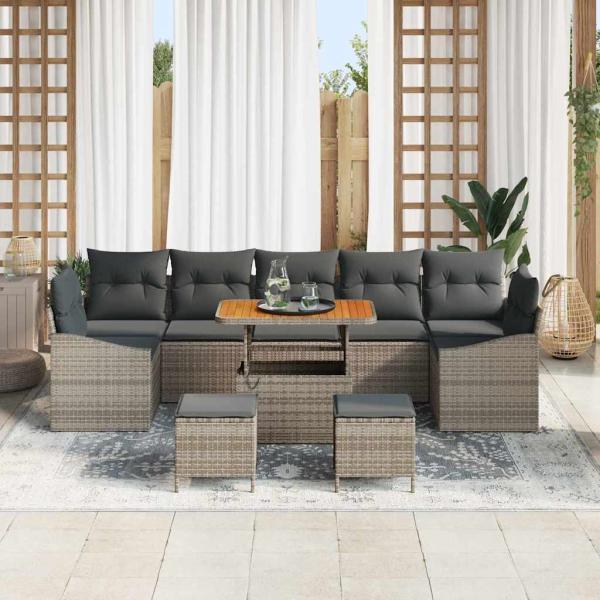 10-teiliges Garten Sofa Set mit Kissen Grau Poly Rattan Akazie, 2-Sitzer Garten Sofa mit Stauraum & Kissen Grau Poly Rattan, 3-teiliges Garten Esstischset mit Kissen Grau Poly Rattan Akazie
