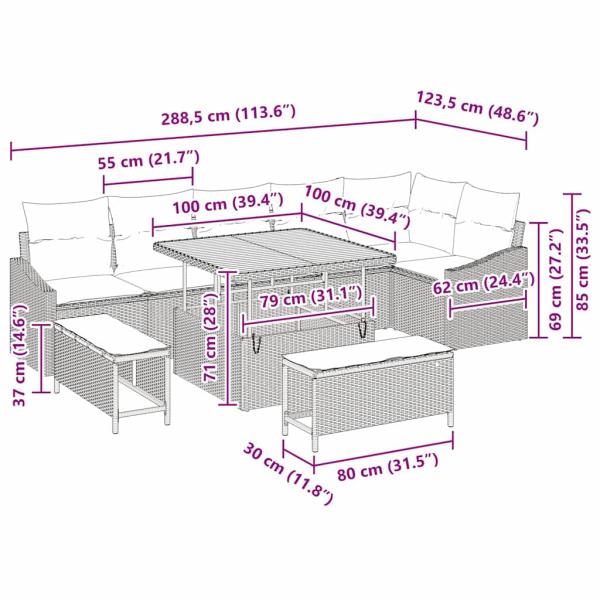 9-teiliges Garten Sofa Set mit Kissen Grau Poly Rattan Akazie, 2-Sitzer Garten Sofa mit Stauraum & Kissen Grau Poly Rattan, 3-teiliges Garten Ess-Set mit Kissen Grau Poly Rattan Akazie