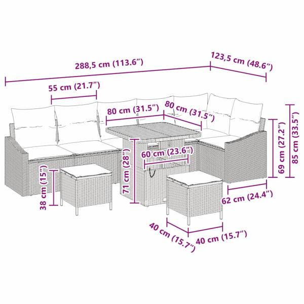 9-teiliges Garten Sofa Set mit Kissen Beige Poly Rattan Akazie, 2-Sitzer Garten Sofa mit Stauraum & Kissen Beige Poly Rattan, 3-teiliges Garten Essenset mit Kissen Beige Poly Rattan Akazie