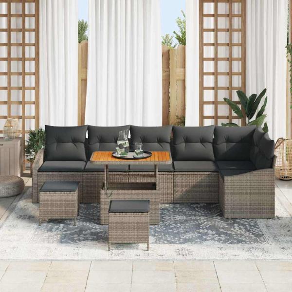 9-Teiliges Garten Sofa Set mit Kissen Grau Poly-Rattan Akazie, 2-Sitzer Garten Sofa mit Stauraum & Kissen Grau Poly-Rattan, 3-teilige Garten Essgruppe mit Kissen Grau Poly-Rattan Akazie