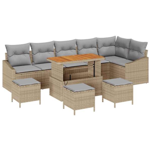 ARDEBO.de - 10-teilige Garten Sofa Set mit Kissen Beige Poly Rattan Akazie, 2-Sitzer Garten Sofa mit Stauraum & Kissen Beige Poly Rattan, 4-teiliges Garten Essset mit Kissen Beige Poly Rattan Akazie
