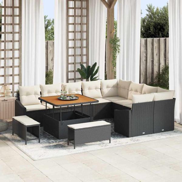 ARDEBO.de - 12-teiliges Garten Sofaset mit Kissen Schwarz Poly-Rattan Akazie, 2-Sitzer Garten Sofa mit Stauraum & Kissen Schwarz Poly-Rattan, 3-teiliges Garten Essset mit Kissen Schwarz Poly-Rattan Akazie