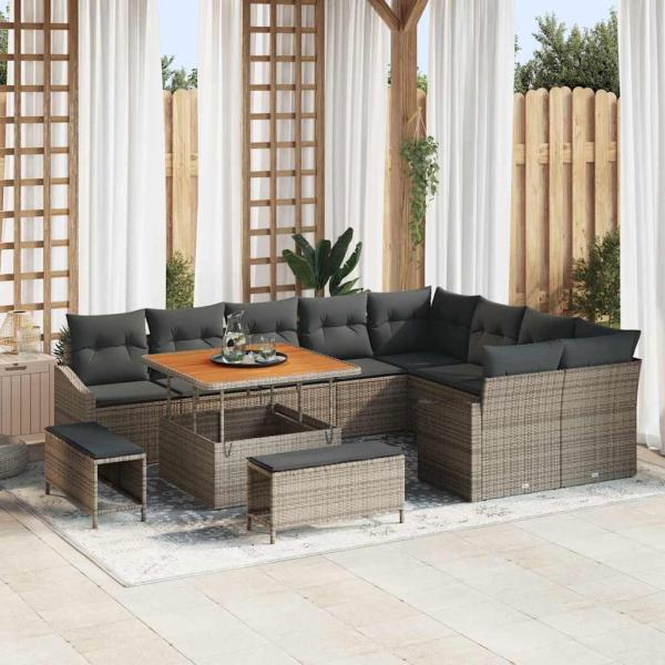 ARDEBO.de - 12-teiliges Garten Sofa Set mit Kissen Grau Poly Rattan Akazie, 2-Sitzer Garten Sofa mit Stauraum & Kissen Grau Poly Rattan, 3-teiliges Garten Essenset mit Kissen Grau Poly Rattan Akazie