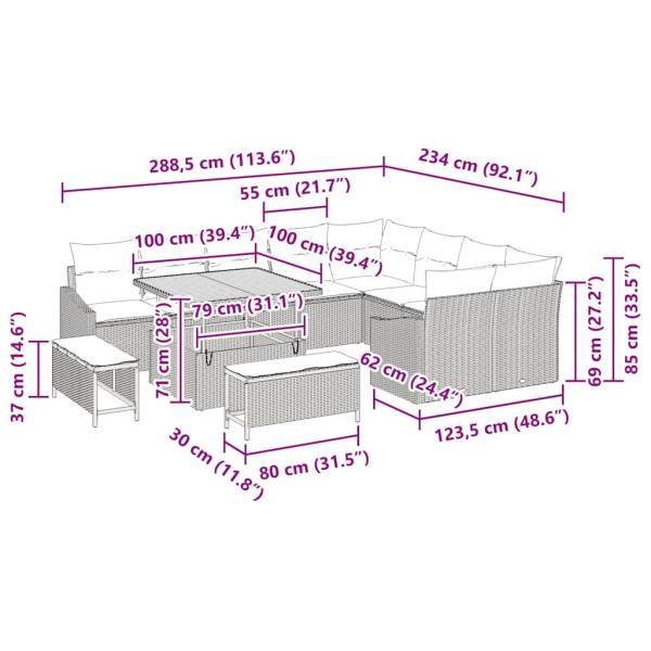 12-teiliges Garten Sofa Set mit Kissen Grau Poly Rattan Akazie, 2-Sitzer Garten Sofa mit Stauraum & Kissen Grau Poly Rattan, 3-teiliges Garten Essenset mit Kissen Grau Poly Rattan Akazie