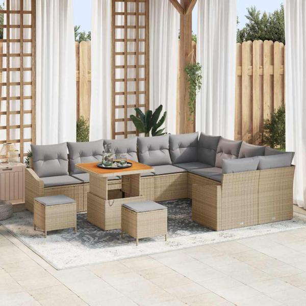 ARDEBO.de - 12-teiliges Garten Sofa Set mit Kissen Beige Poly Rattan Akazie, 2-Sitzer Garten Sofa mit Stauraum & Kissen Beige Poly Rattan, 3-teiliges Garten Essset mit Kissen Beige Poly Rattan Akazie