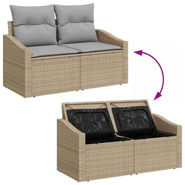 12-teiliges Garten Sofa Set mit Kissen Beige Poly Rattan Akazie, 2-Sitzer Garten Sofa mit Stauraum & Kissen Beige Poly Rattan, 3-teiliges Garten Essset mit Kissen Beige Poly Rattan Akazie