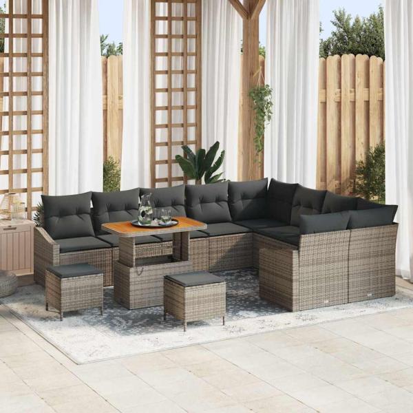 ARDEBO.de - 12-teiliges Garten-Sofa-Set mit Kissen Grau Poly-Rattan Akazie, 2-Sitzer Garten-Sofa mit Stauraum & Kissen Grau Poly-Rattan, 3-teiliges Garten-Ess-Set mit Kissen Grau Poly-Rattan Akazie