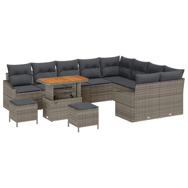 12-teiliges Garten-Sofa-Set mit Kissen Grau Poly-Rattan Akazie, 2-Sitzer Garten-Sofa mit Stauraum & Kissen Grau Poly-Rattan, 3-teiliges Garten-Ess-Set mit Kissen Grau Poly-Rattan Akazie