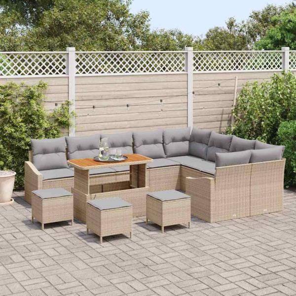 13-teiliges Garten-Sofa-Set mit Kissen Beige Poly Rattan Akazie, 2-Sitzer Garten-Sofa mit Stauraum & Kissen Beige Poly Rattan, 4-teiliges Garten-Ess-Set mit Kissen Beige Poly Rattan Akazie