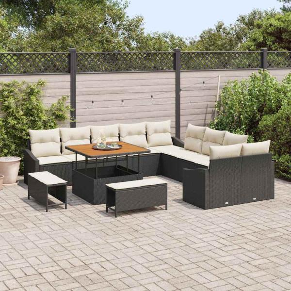13-teiliges Garten-Sofa-Set mit Kissen Schwarz Poly-Rattan Akazie, 2-Sitzer Garten-Sofa mit Stauraum & Kissen Schwarz Poly-Rattan, 3-teiliges Garten-Ess-Set mit Kissen Schwarz Poly-Rattan Akazie