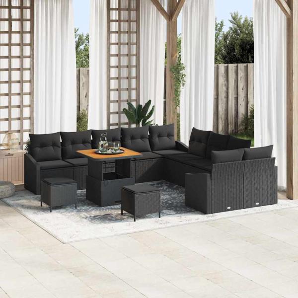 ARDEBO.de - 13-teiliges Garten-Sofa-Set mit Kissen Schwarz Poly Rattan Akazie, 2-Sitzer Garten-Sofa mit Stauraum & Kissen Schwarz Poly Rattan, 3-teiliges Garten-Dining-Set mit Kissen Schwarz Poly Rattan Akazie