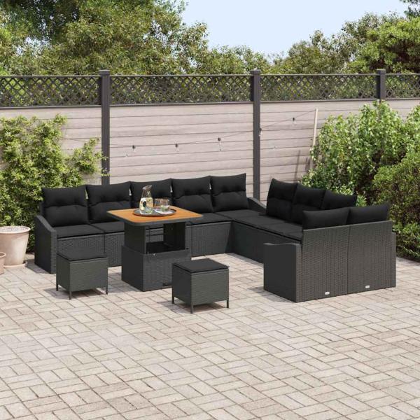 13-teiliges Garten-Sofa-Set mit Kissen Schwarz Poly Rattan Akazie, 2-Sitzer Garten-Sofa mit Stauraum & Kissen Schwarz Poly Rattan, 3-teiliges Garten-Dining-Set mit Kissen Schwarz Poly Rattan Akazie