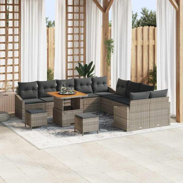 ARDEBO.de - 13-teiliges Garten Sofa Set mit Kissen Grau Poly Rattan Akazie, 2-Sitzer Garten Sofa mit Stauraum & Kissen Grau Poly Rattan, 3-teiliges Garten Esszimmer Set mit Kissen Grau Poly Rattan Akazie