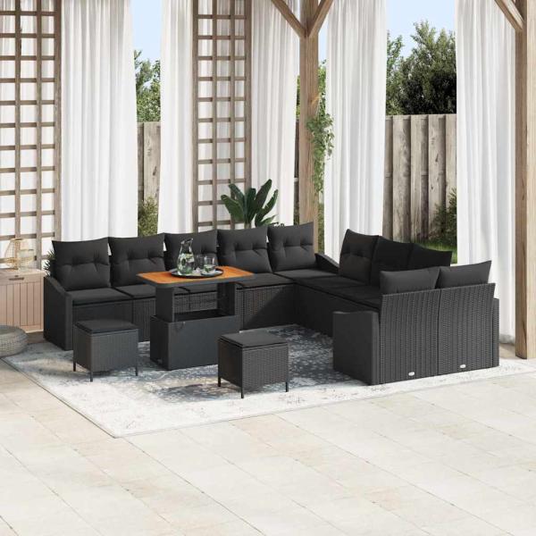 ARDEBO.de - 13-teiliges Garten Sofa Set mit Kissen Schwarz Poly Rattan Akazie, 2-Sitzer Garten Sofa mit Stauraum & Kissen Schwarz Poly Rattan, 3-teiliges Garten Esstisch Set mit Kissen Schwarz Poly Rattan Akazie