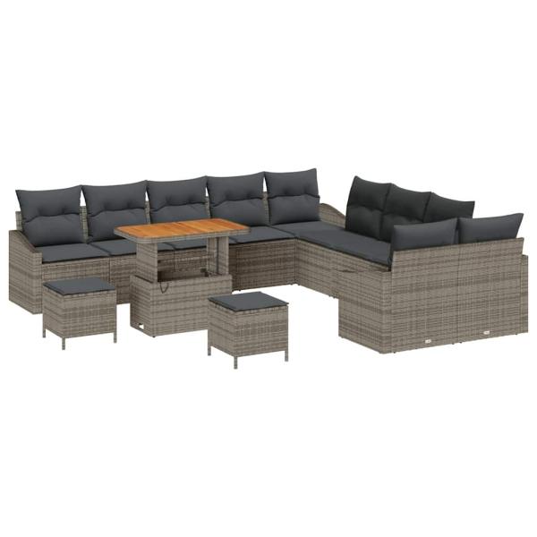 13-teiliges Garten-Sofa-Set mit Kissen Grau Poly Rattan Akazie, 2-Sitzer Garten-Sofa mit Stauraum & Kissen Grau Poly Rattan, 3-teiliges Garten-Dining-Set mit Kissen Grau Poly Rattan Akazie