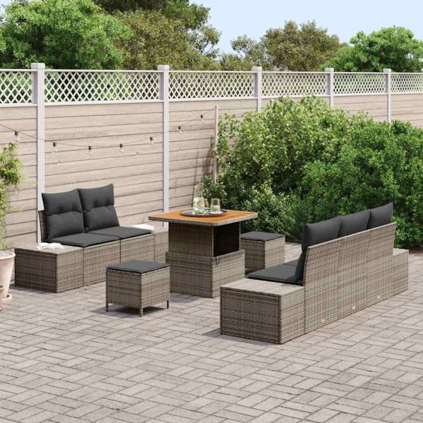 8-teilige Garten Sofa Set mit Kissen Grau Polyrattan Akazie, 2-Sitzer Garten Sofa mit Stauraum & Kissen Grau Polyrattan, 3-teilige Garten Essgruppe mit Kissen Grau Polyrattan Akazie