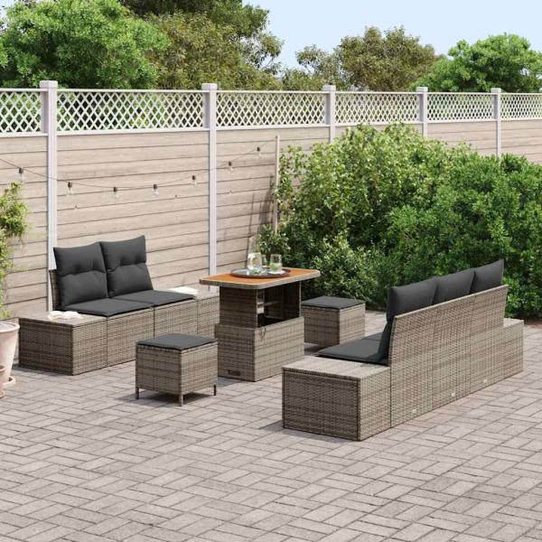 ARDEBO.de - 8-teiliges Garten Sofa Set mit Kissen Grau Poly-Rattan Akazie, 2-Sitzer Garten Sofa mit Stauraum und Kissen Grau Poly-Rattan, 3-teilige Garten Essgruppe mit Kissen Grau Poly-Rattan Akazie