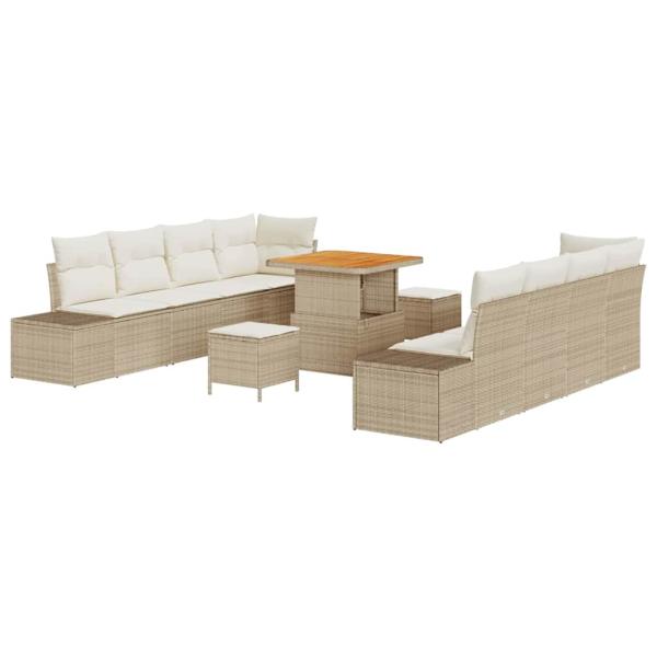 11-teiliges Garten Sofa Set mit Kissen Beige Poly Rattan Akazie, 2-Sitzer Garten Sofa mit Stauraum & Kissen Beige Poly Rattan, 3-teiliges Garten Esszimmer Set mit Kissen Beige Poly Rattan Akazie