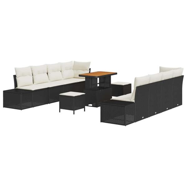 11-teiliges Garten Sofa Set mit Kissen Schwarz Poly Rattan Akazie, 2-Sitzer Garten Sofa mit Stauraum & Kissen Schwarz Poly Rattan, 3-teiliges Garten Esstisch Set mit Kissen Schwarz Poly Rattan Akazie