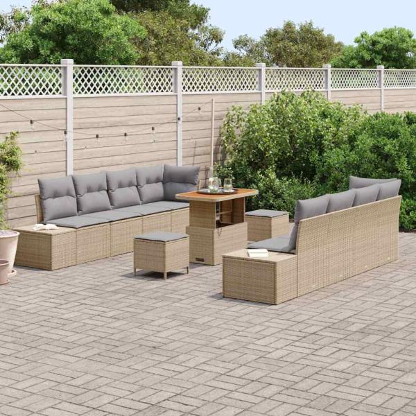 11-teiliges Garten Sofa Set mit Kissen Beige Poly Rattan Akazie, 2-Sitzer Garten Sofa mit Stauraum und Kissen Beige Poly Rattan, 3-teiliges Garten Essset mit Kissen Beige Poly Rattan Akazie
