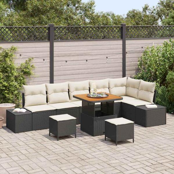 ARDEBO.de - 9-teiliges Garten Sofaset mit Kissen Schwarz Poly Rattan Akazie, 2-Sitzer Garten Sofa mit Stauraum & Kissen Schwarz Poly Rattan, 3-teiliges Garten Essset mit Kissen Schwarz Poly Rattan Akazie