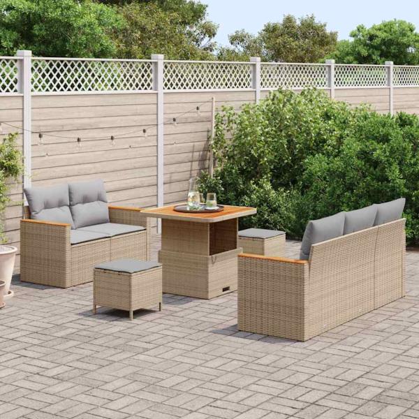 8-teiliges Garten-Sofa-Set mit Kissen Beige Poly-Rattan Akazie, 3-teiliges Garten-Dining-Set mit Kissen Beige Poly-Rattan Akazie