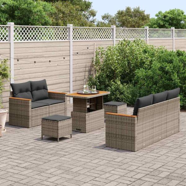 8-teilige Garten Sofaset mit Kissen Grau Poly Rattan Akazie, 3-teilige Garten Essgruppe mit Kissen Grau Poly Rattan Akazie