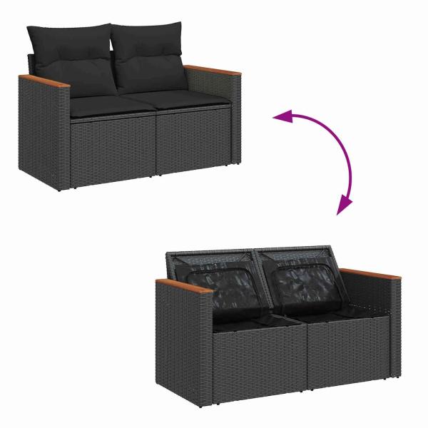 10-teiliges Garten-Sofa-Set mit Kissen Schwarz Poly Rattan Akazie, 3-teiliges Garten-Ess-Set mit Kissen Schwarz Poly Rattan Akazie