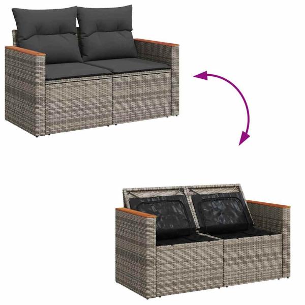 10-teiliges Garten-Sofa-Set mit Kissen Grau Poly Rattan Acacia, 3-teiliges Garten-Esszimmer-Set mit Kissen Grau Poly Rattan Acacia
