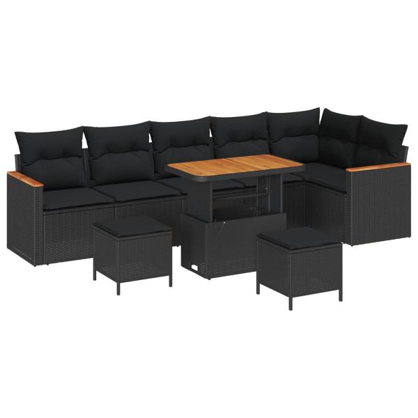 9-teiliges Garten-Sofa-Set mit Kissen Schwarz Poly-Rattan Akazie, 3-teiliges Garten-Dining-Set mit Kissen Schwarz Poly-Rattan Akazie