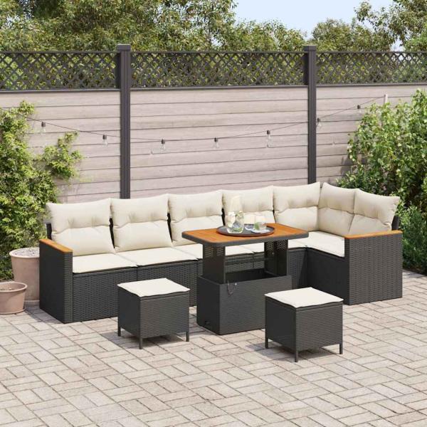 ARDEBO.de - 9-teiliges Garten Sofa Set mit Kissen Schwarz Poly Rattan Akazie, 3-teiliges Garten Esstisch Set mit Kissen Schwarz Poly Rattan Akazie