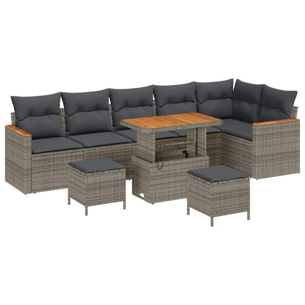 9-Teiliges Garten Sofa Set mit Kissen Grau Poly Rattan Akazie, 3-Teiliges Garten Esszimmer Set mit Kissen Grau Poly Rattan Akazie