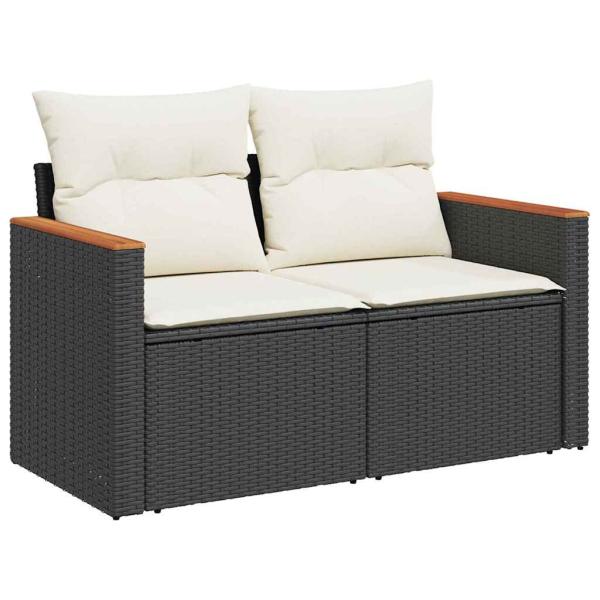 10-teiliges Garten Sofaset mit Kissen Schwarzes Poly-Rattan Akazie, 4-teiliges Garten Essset mit Kissen Schwarzes Poly-Rattan Akazie