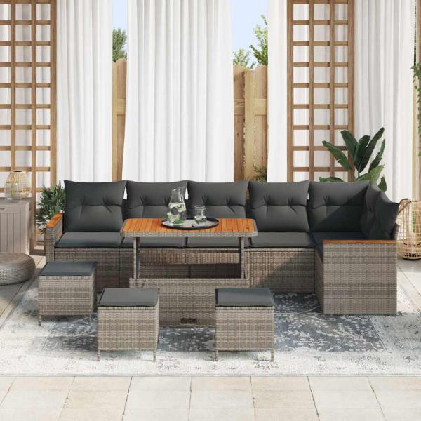 ARDEBO.de - 10-teiliges Garten-Sofa-Set mit Kissen Grau Poly Rattan Akazie, 4-teiliges Garten-Esszimmer-Set mit Kissen Grau Poly Rattan Akazie