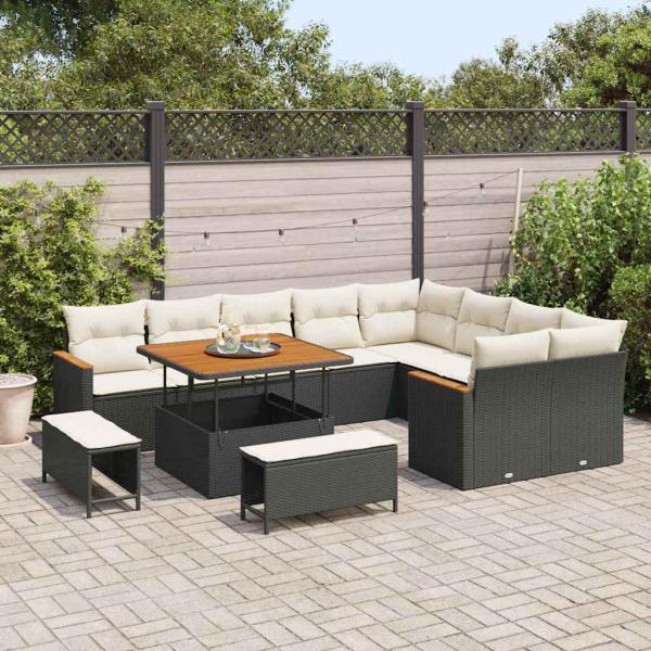 12-teiliges Garten Sofa Set mit Kissen Schwarz Poly Rattan Akazie, 3-teiliges Garten Esstisch Set mit Kissen Schwarz Poly Rattan Akazie