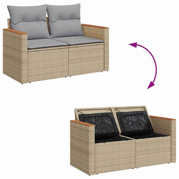 12-teiliges Garten Sofaset mit Kissen Beige Poly-Rattan Akazie, 3-teiliges Garten Esstischset mit Kissen Beige Poly-Rattan Akazie