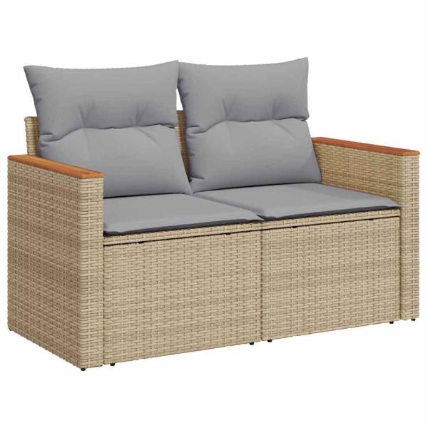 12-teiliges Garten Sofaset mit Kissen Beige Poly-Rattan Akazie, 3-teiliges Garten Esstischset mit Kissen Beige Poly-Rattan Akazie