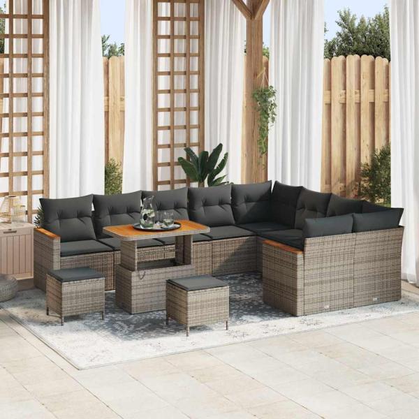 ARDEBO.de - 12-teiliges Garten Sofa Set mit Kissen Grau Poly Rattan Akazie, 3-teiliges Garten Esstischset mit Kissen Grau Poly Rattan Akazie