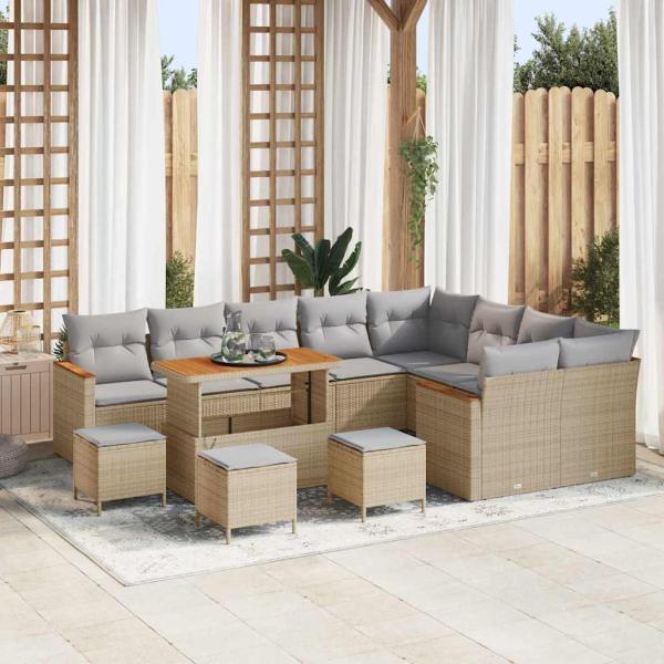 ARDEBO.de - 13-teiliges Garten Sofa Set mit Kissen Beige Poly Rattan Akazie, 4-teiliges Garten Essset mit Kissen Beige Poly Rattan Akazie