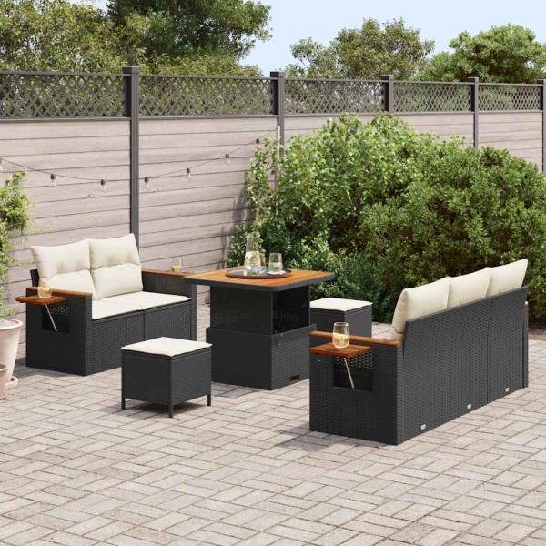 8-teiliges Garten Sofa Set mit Kissen Schwarz Poly Rattan Akazie, 3-teiliges Garten Essset mit Kissen Schwarz Poly Rattan Akazie