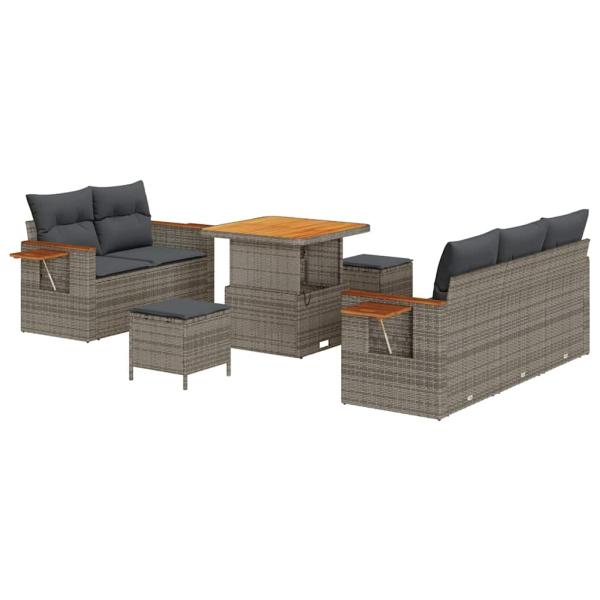 8-teiliges Garten Sofa Set mit Kissen Grau Poly Rattan Akazie, 3-teiliges Garten Ess Set mit Kissen Grau Poly Rattan Akazie