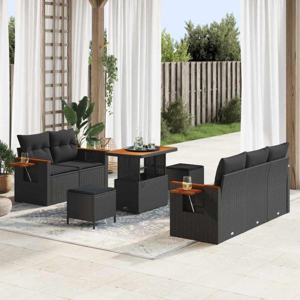 ARDEBO.de - 8-teiliges Garten Sofa Set mit Kissen Schwarz Poly Rattan Akazie, 3-teiliges Garten Esszimmer Set mit Kissen Schwarz Poly Rattan Akazie