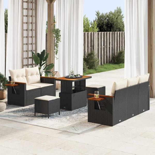 ARDEBO.de - 8-teiliges Garten Sofa Set mit Kissen Schwarz Poly Rattan Akazie, 3-teiliges Garten Essenset mit Kissen Schwarz Poly Rattan Akazie