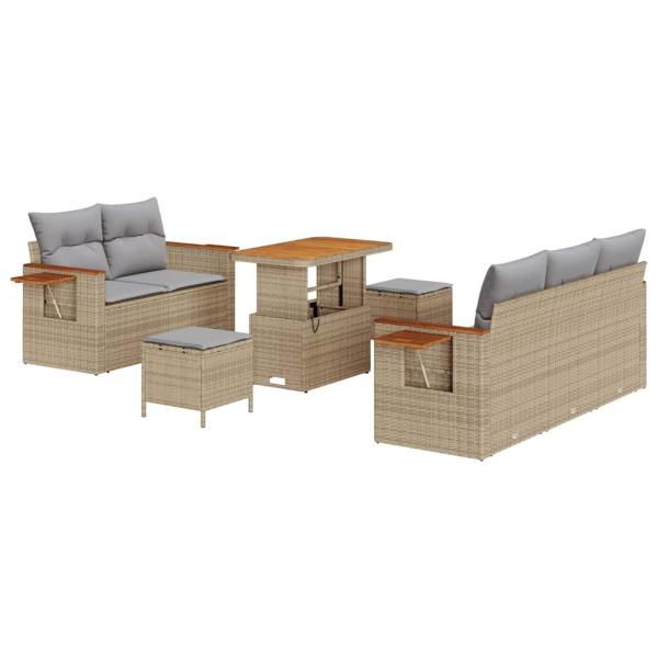 8-teiliges Garten-Sofa-Set mit Kissen Beige Poly-Rattan Akazie, 3-teiliges Garten-Ess-Set mit Kissen Beige Poly-Rattan Akazie