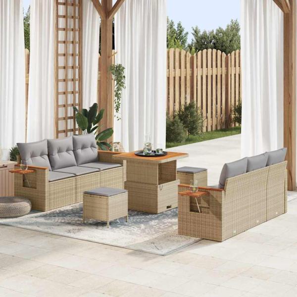 ARDEBO.de - 9-teiliges Garten-Sofa-Set mit Kissen beige Poly-Rattan Akazie, 3-teiliges Garten-Ess-Set mit Kissen beige Poly-Rattan Akazie