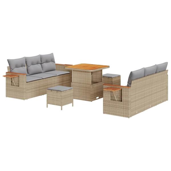 9-teiliges Garten-Sofa-Set mit Kissen beige Poly-Rattan Akazie, 3-teiliges Garten-Ess-Set mit Kissen beige Poly-Rattan Akazie