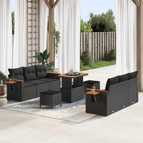 ARDEBO.de - 9-teiliges Garten Sofa Set mit Kissen Schwarz Poly Rattan Akazie, 3-teiliges Garten Esszimmer Set mit Kissen Schwarz Poly Rattan Akazie