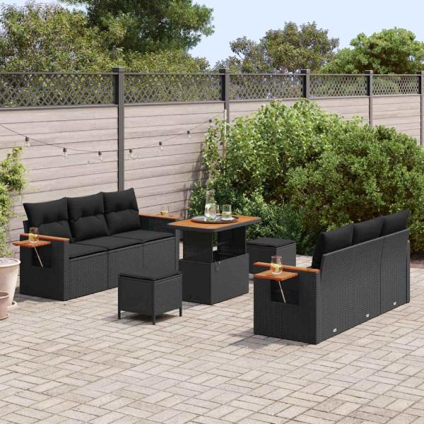 9-teiliges Garten Sofa Set mit Kissen Schwarz Poly Rattan Akazie, 3-teiliges Garten Esszimmer Set mit Kissen Schwarz Poly Rattan Akazie